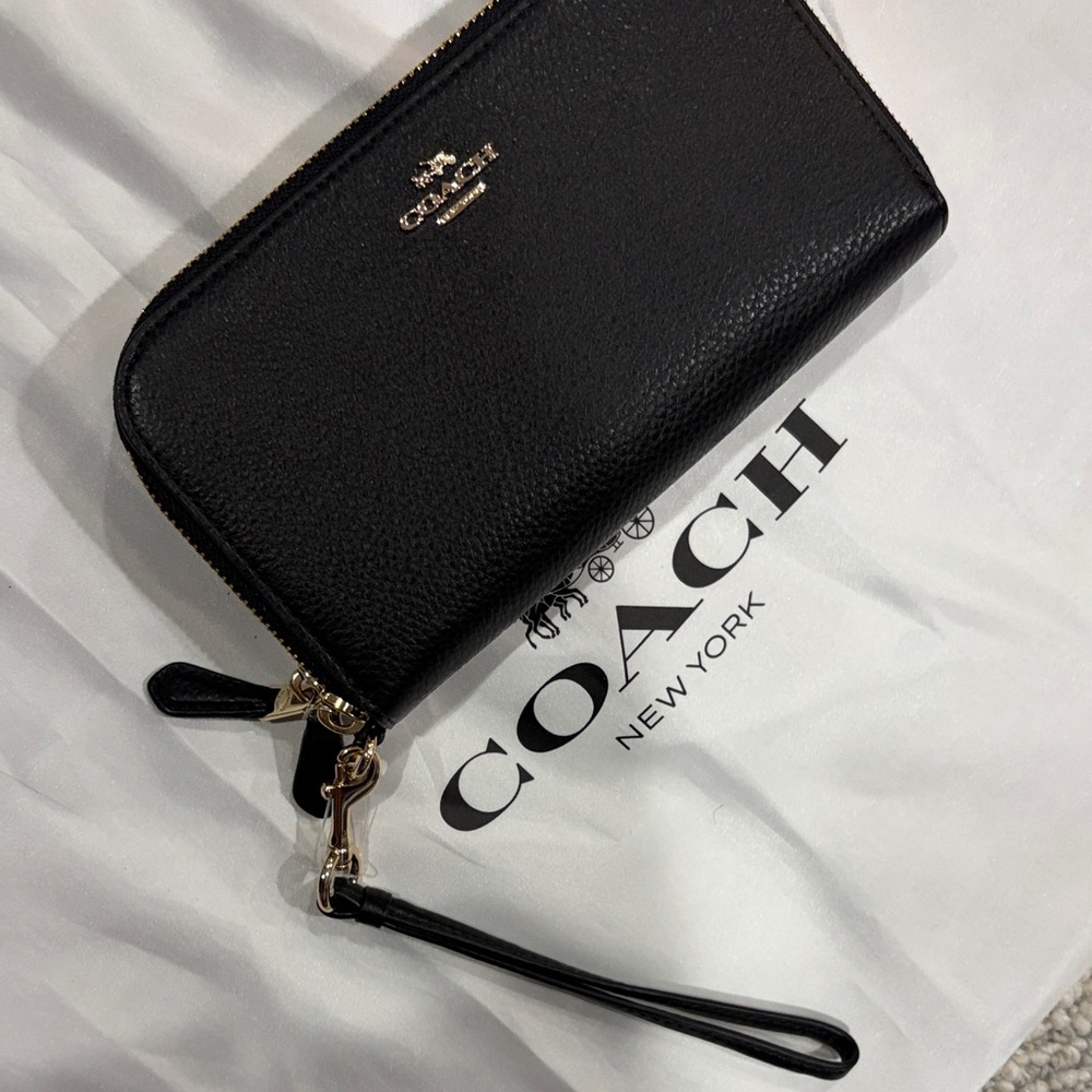 Coach Black Pebbled Leather Zip Wristlet with Gold Hardware